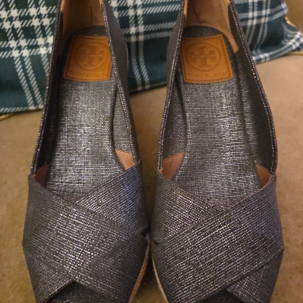 Tory Burch Wedge Open Toe Silver Metallic